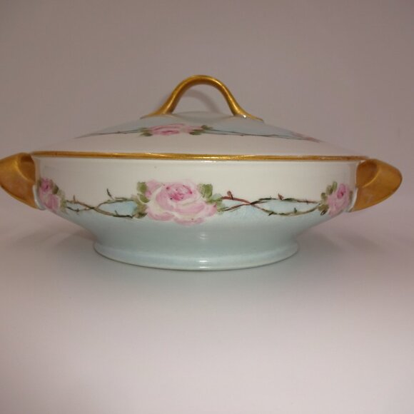 Vintage K&A Krautheim Selb Bavaria Vegetable Bowl & Lid White Blue Pink Roses - Picture 4 of 10